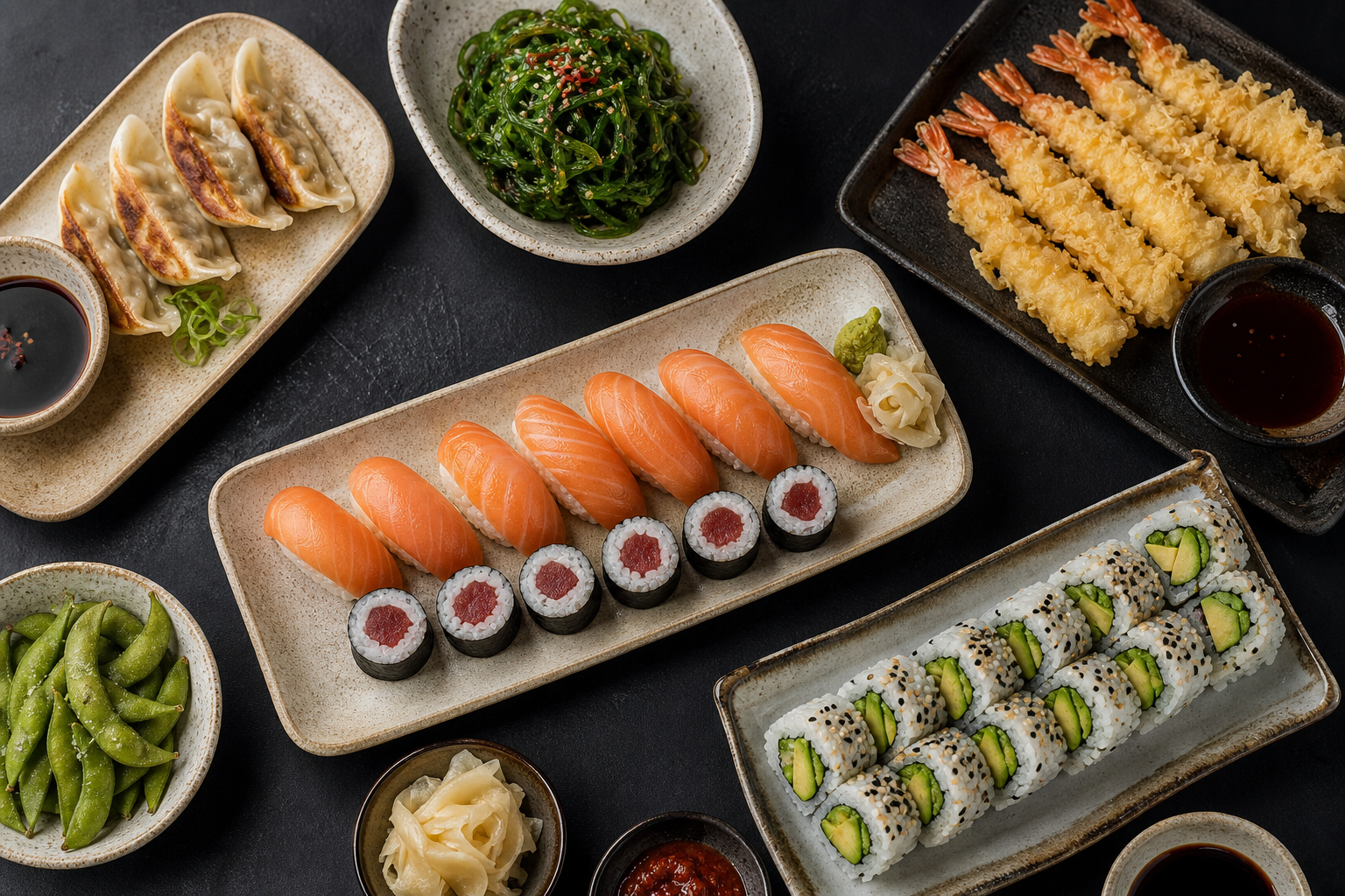 Ilustračná fotografia výberu sushi a teplých ázijských jedál